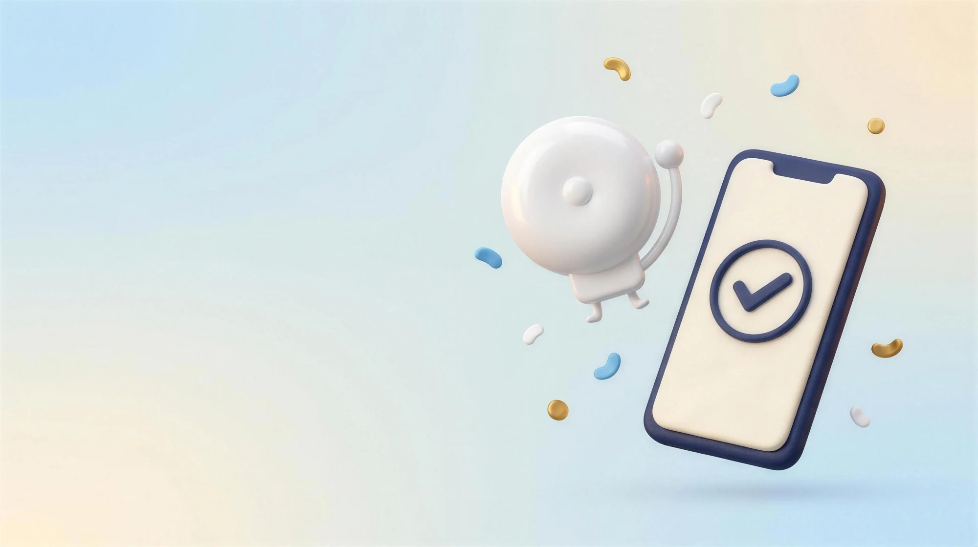 A playful reminder bell celebrating beside a phone with a completed check.